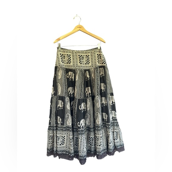 Vintage Ethnic Elephant Tiered Cotton A Line Midi Skirt SZ 8 Boho Hippie Indie - Picture 1 of 8